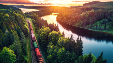 A train ride through dense green forest, surrounded by tall trees and abundant foliage - obrazy, fototapety, plakaty