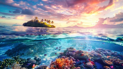Fotobehang A shot underwater showcasing a vibrant coral reef with an island visible in the distance © Anoo