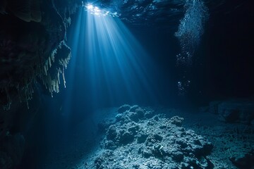Underwater view of a cave with sunlight shining through the water