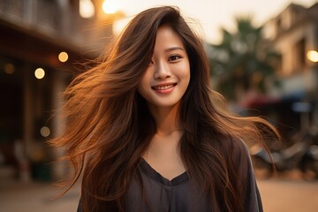 Obraz premium A woman with long brown hair is smiling and standing on a street