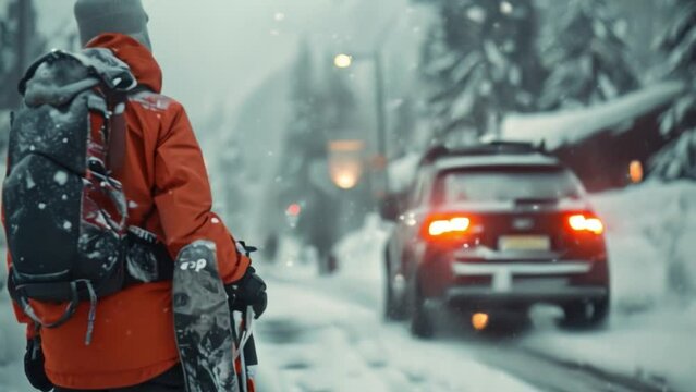 A young man covered in snow wearing a hood walks to a car with ski and snowboard equipment in a winter wonderland.
