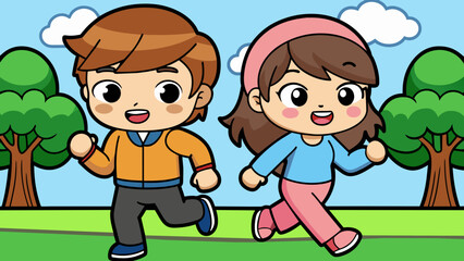 Man and woman run in park. Illustration of couple runners jogging togethe