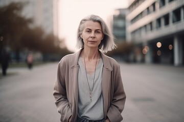 Fototapeta premium A woman wearing a brown coat and gray shirt stands on a sidewalk