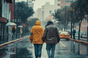 Two people walking in the rain, one in a yellow jacket
