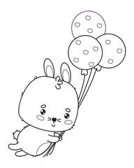 Cute bunny flies with balloons. Animal outline kawaii character. Vector illustration. Line drawing, coloring book. Kids collection.