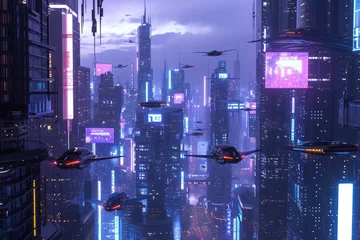 Fotobehang Futuristic city glows with soft hues, complemented by the sleek design of hovering vehicles above the vibrant skyline. Resplendent. © Summit Art Creations