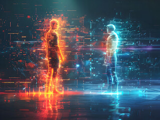 Visionary Holographic Communication Futuristic Digital Interaction Concept with Glowing Figures