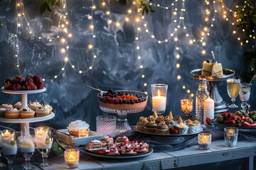 Elegant string lights and flickering candles casting a soft glow over a table adorned with a sumptuous spread of desserts and drinks, against a sophisticated slate gray background.