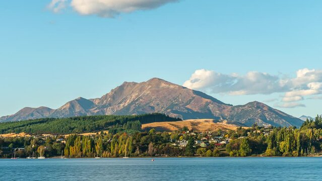 Wanaka town, mountain, and lake in South Island New Zealand - daytime time lapse