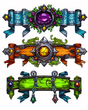 Ornate medieval fantasy emblems. Fantasy jewels and shields banners for online gaming