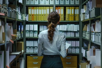 Background of woman organizing information in archives, woman working in archives, woman managing information