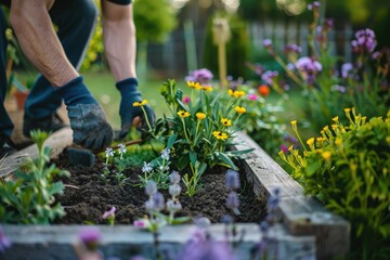 Naklejka premium People planting flowers in their yards, people planting in their yards in spring, gardeners taking care of their gardens