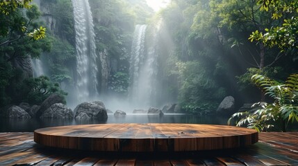 Wooden platform and natural green leaves. Elegant green platform mockup for product scene and green nature background. Tropical style 3D platform stage