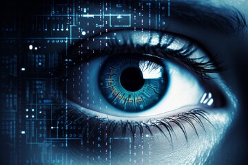 A close-up of a person's eye with a digital display