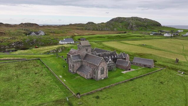 Iona Abbey and Nunnery, Aerial View of Former Church and Medieval Landmark of Island. Scotland UK