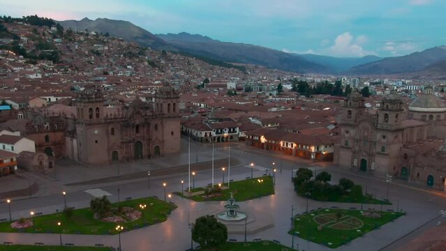 Unparalleled Aerial of Cusco Plaza de Armas and Historical City Center at Dusk, No Crowds