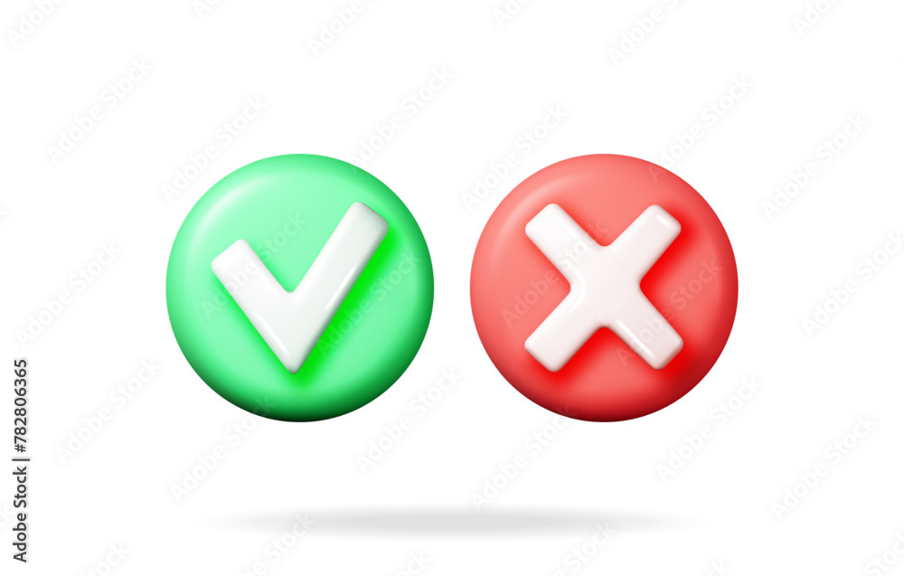 Poster 3d right and wrong button shape. green yes and red no correct incorrect sign. checkmark tick rejecti