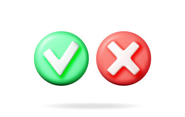 3D right and wrong button shape. Green Yes and red no correct incorrect sign. Checkmark tick Rejection, cancel, error, stop, negative, agreement approval or trust symbol. Vector illustration