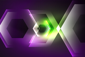Obraz premium Arrow hexagon neon light glowing shapes background. Vector illustration For Wallpaper, Banner, Background, Card, Book Illustration, landing page