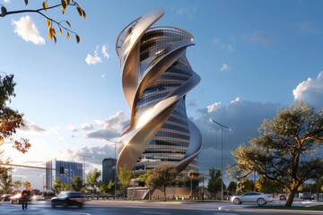 An office tower with a unique, twisted form, creating a visually dynamic silhouette.