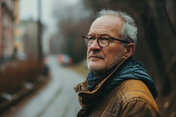 Portrait of an elderly man with glasses on the background of the city