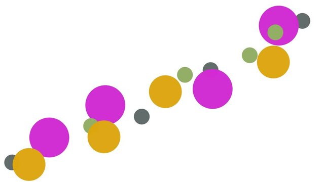 Colored circles of different sizes move diagonally.