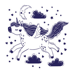 Cute little magical unicorn flying among fluffy clouds. Vector hand drawing illustration isolated on white background