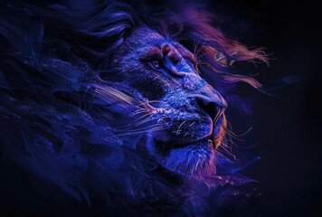Abstract lion head composed of purple smoke, modern style three-dimensional lion hanging painting