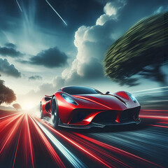 Obraz premium High-Speed Harmony: A Red Sports Car Merging Speed with Nature