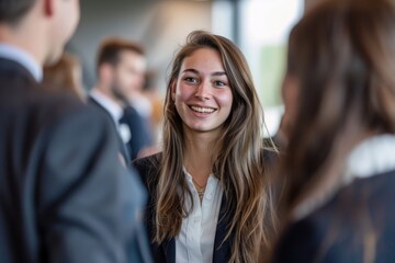 portrait of a woman, businesswoman, dressed in professional attire and smiling and talking to someone off camera at the business event - obrazy, fototapety, plakaty