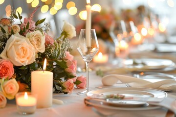 An elegant birthday dinner setup with a fancy table setting, candles, and floral centerpieces