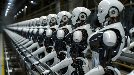 A number of humanoid robots humanoids are ready for work a conveyor belt Artificial intelligence
