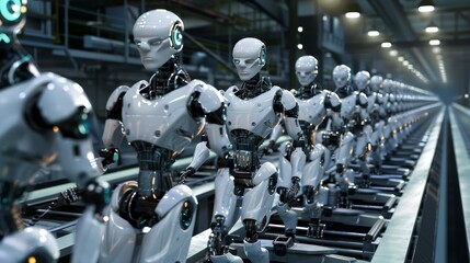 A number of humanoid robots humanoids are ready for work a conveyor belt Artificial intelligence
