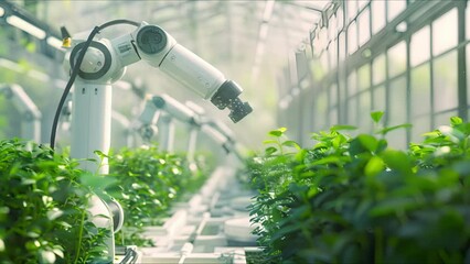 Robots working in industrial greenhouse with fresh natural plants. Concept of growing healthy food, diet, vegetarianism and technology.