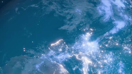 Earth spins into view, showcasing city lights from Italy to China, revealing humanity's global presence