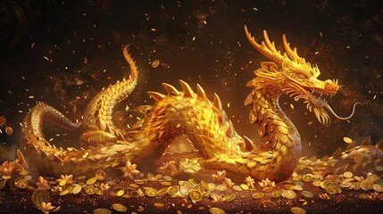 A detailed illustration of a majestic dragon made of gold bars and gold coins