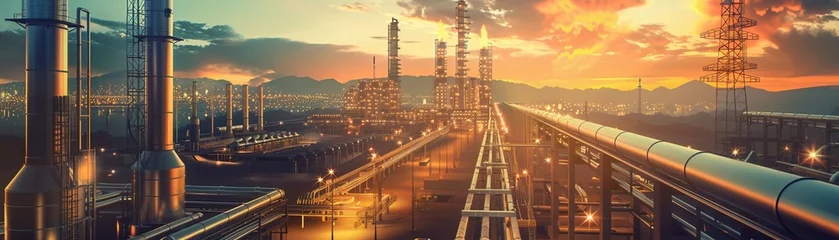 Fotobehang A futuristic cityscape with pipelines transporting crude oil to refineries, showcasing the process of turning it into chemicals © PrusarooYakk