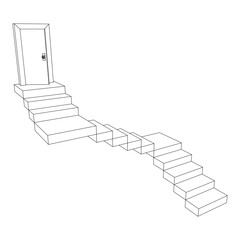 Stairway path to open door. Steps leading into the future concept. Wireframe low poly mesh vector illustration