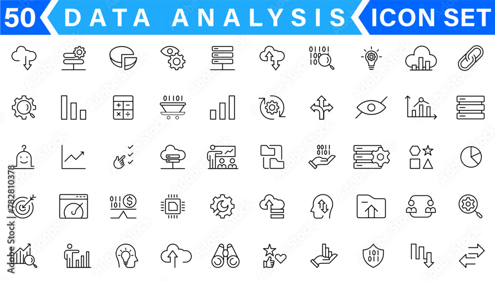 Poster data analysis related vector line icons. contains such icons as big data, processing, performance an