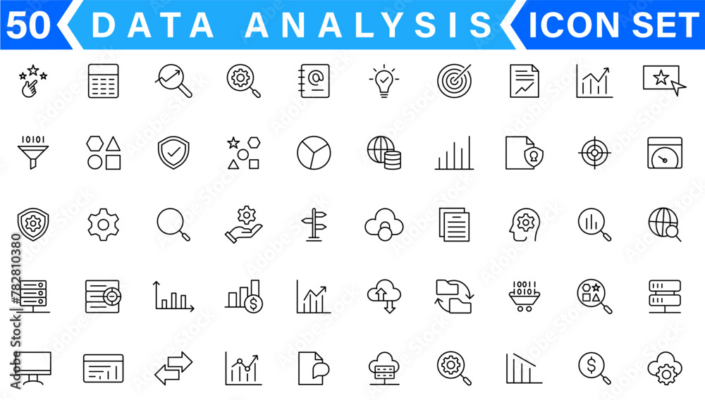 Poster data analysis related vector line icons. contains such icons as big data, processing, performance an