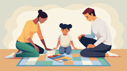 Fototapeta premium A young child sitting on the floor spelling out words with colorful Scrabble tiles learning the basics of the game while their parents proudly
