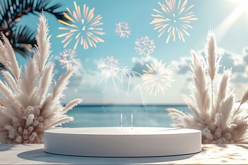 podium 3d blur festive fireworks for beautiful display beauty product mock up for cosmetic or product Promotion advertising banner Luxury