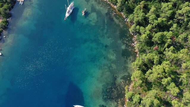 Aerial: Top down shot of yacht anchored in famous crystal clear bay and turquoise beach of Panormos, Skopelos island, Sporades, Greece