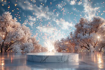 podium 3d blur festive fireworks for beautiful display beauty product mock up for cosmetic or product Promotion advertising banner Luxury