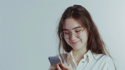 Fototapeta premium Studio photo of a girl with glasses and a phone on a white background. Lass looks at the smartphone screen and smiles. Copyspace