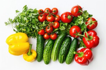 A vibrant assortment of fresh vegetables, including tomatoes, cucumbers, and bell peppers, neatly arranged on a white background.