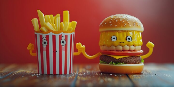 Muscular character with a love hate relationship with fast food showcasing the duality of diet and lifestyle choices with a conceptual fast food