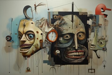 Surrealistic painting with two faces and a clock