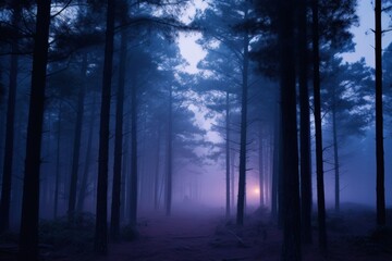 Obraz premium At twilight, the foggy pine forests are nature's lullaby, with the sun's serene serenade painting indigo and amethyst shades