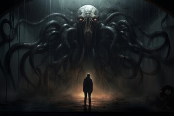 A man standing in front of a giant octopus - obrazy, fototapety, plakaty